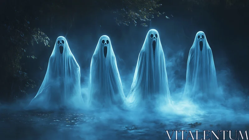 Four translucent ghost figures in dense nocturnal forest fog.