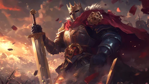 Armored king raises colossal sword amid burning battlefield