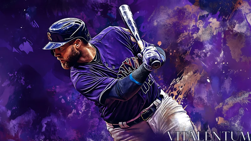 Baseball slugger readies power swing in vivid purple art.