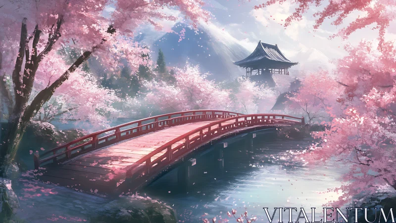 Cherry blossom bridge over tranquil river in misty valley.