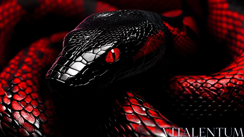 Hyperreal coiled black and red snake rendered in dramatic light