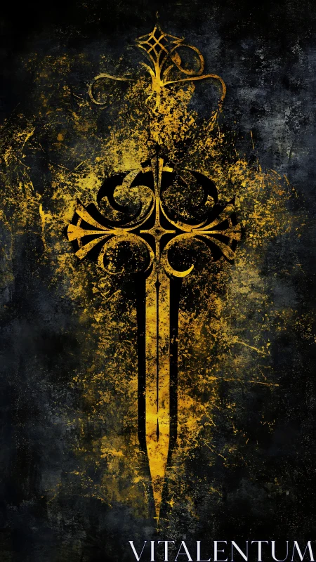 Elongated sword sigil with distressed gold grunge texture overlay