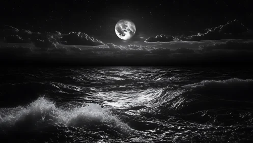 Moonlit storm waves under dramatic nocturnal sky.