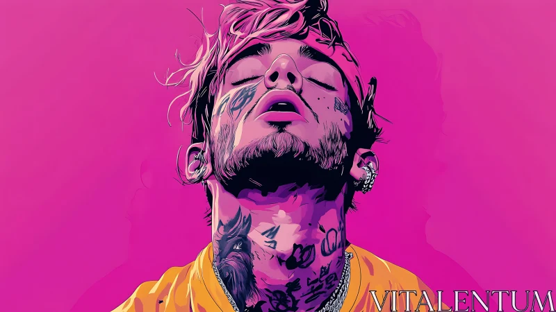 Vector portrait depicts tattooed male subject on magenta background