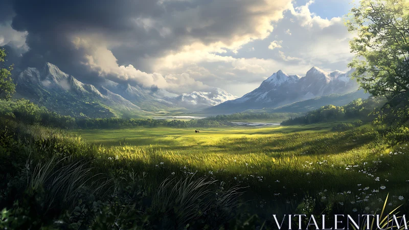 Stormlit valley meadow dreaming beneath snowcapped guardians.