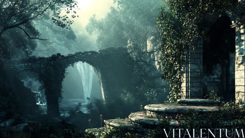 Sunlit forgotten ruins beside a misty forest waterfall.