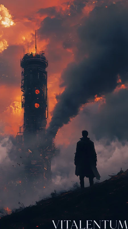 Lone wanderer studies a burning tower under a smokey sky