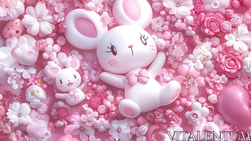 Pink rabbit toys lie among dense floral decorations