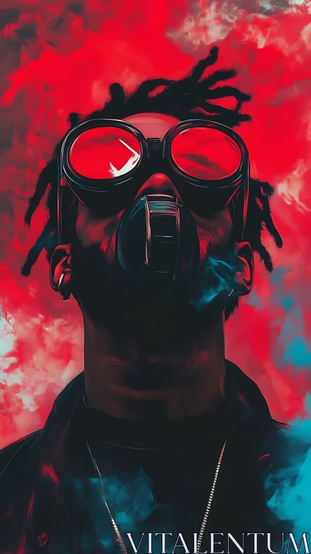 Red atmospheric portrait with respirator and mirrored goggles.