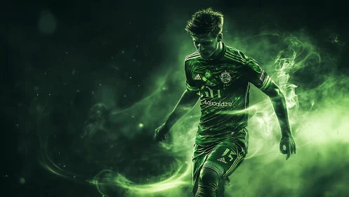 Dynamic green-lit footballer in motion with swirling vapor trails