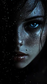 High-contrast portrait isolates wet skin microtexture and luminous iris