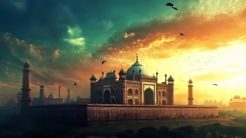 Sunlit Mughal-style fortress palace dominates dramatic skyline