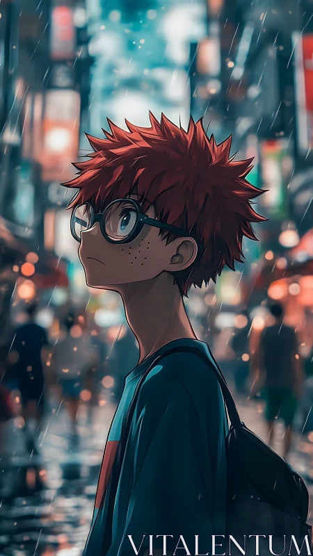 Rainy city evening with a thoughtful red haired teen.