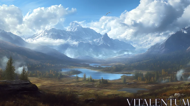 Digital painting panorama of alpine valley lake system landscape.