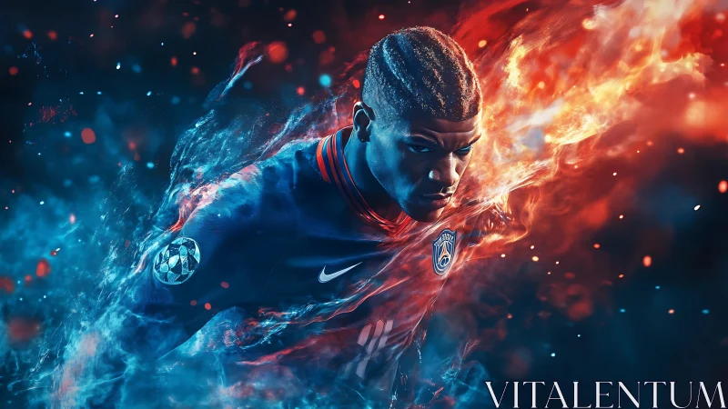 Fiery footballer charges forward in a swirl of blue and flame