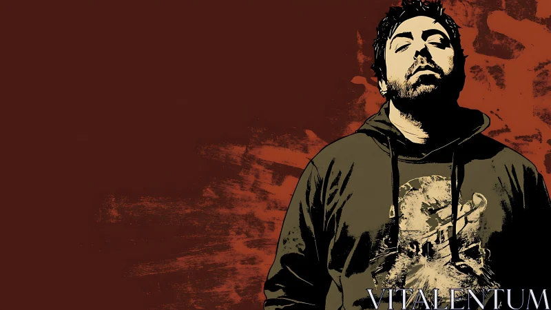 Vectorized portrait with grunge contrast on ochre negative space.