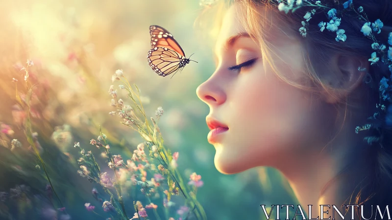 Young woman and butterfly share a tranquil spring sunrise moment
