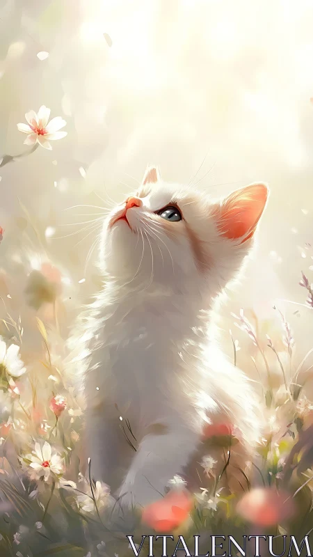 White kitten gazes toward glowing spring blossoms in field