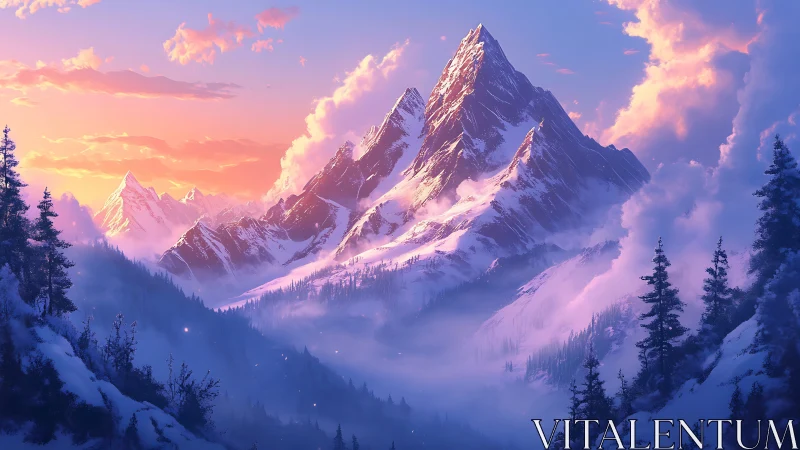 Aurora-kissed alpine spires rise through lavender dawn mist.