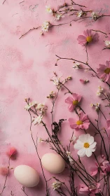 Spring eggs and cosmos blooms on a rosy pastel dreamscape.