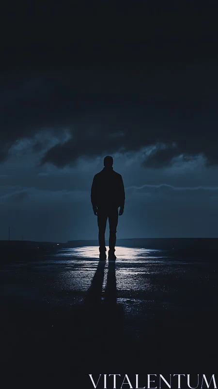 Silhouetted person standing on wet ground under dark sky.