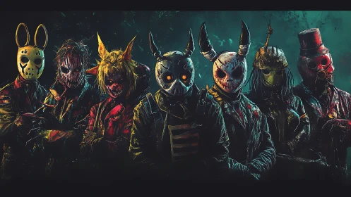 Masked horror gang lined up in dark neon-lit scene.