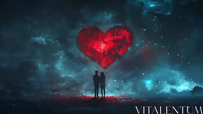 Two figures stand beneath glowing red heart in dark cosmic environment.