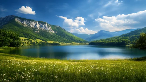 Sunlit alpine lake embraced by vivid emerald mountains.