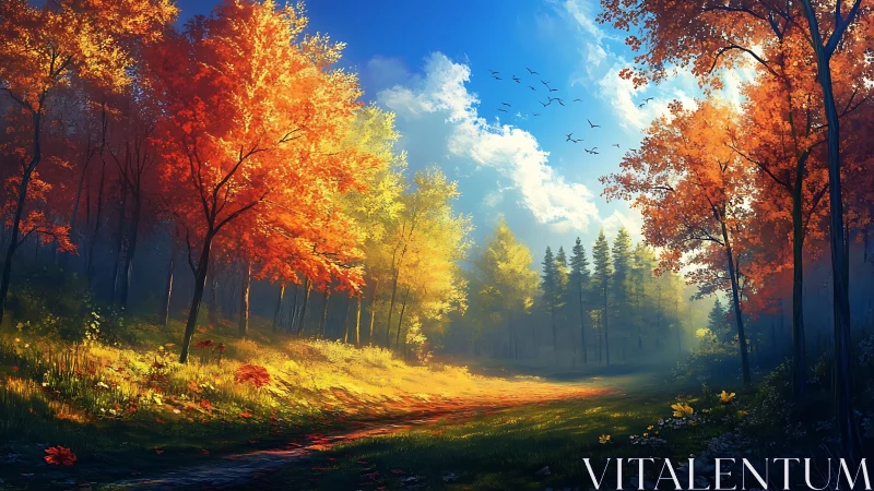 Autumn Forest Path Through Golden Woodland Canopy.