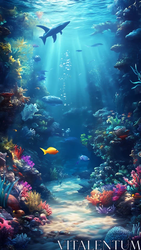 Subtropical coral reef corridor with fish and overhead shark.