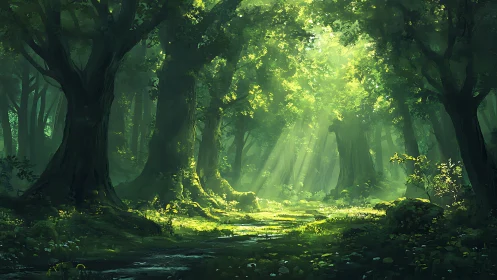 Luminous Forest Canopy: Digital Landscape with Atmospheric Light Rays.