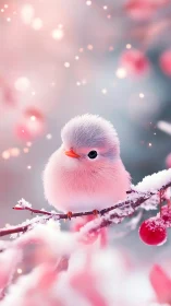 Soft pink songbird on snowy berry branch, shallow depth of field