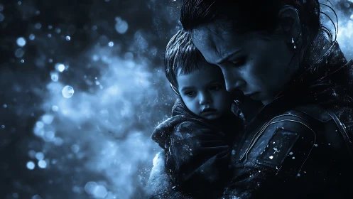 Cinematic blue-toned portrait of mother and child, close-up focus.