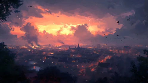 Burning twilight skyline over sprawling misty cityscape.