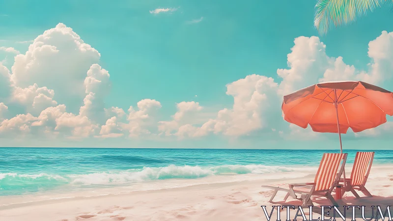 Sunlit striped loungers rest beneath a bold coral umbrella