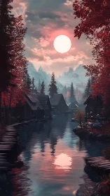 Crimson forest village rests beneath an oversized glowing moon.