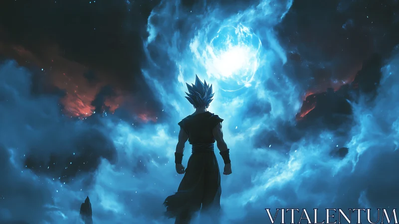 Cosmic warrior crowns the storm with blazing energy sphere.