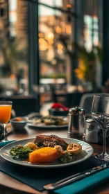 Restaurant table displays plated meal with shallow depth of field