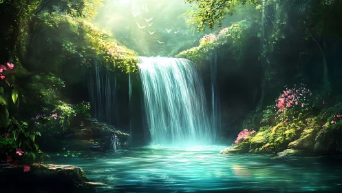 Dense forest waterfall with turquoise pool and foliage.