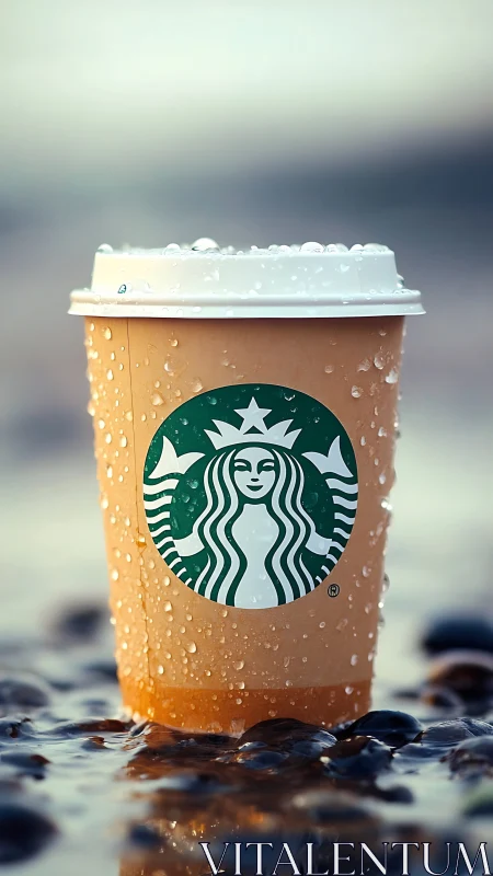 Rain-kissed coffee cup stands warmly amid shallow water