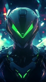 Cybernetic armored warrior stands centered with neon visor