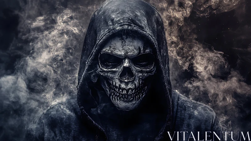 Grim reaper hooded skull emerging from swirling smoke.