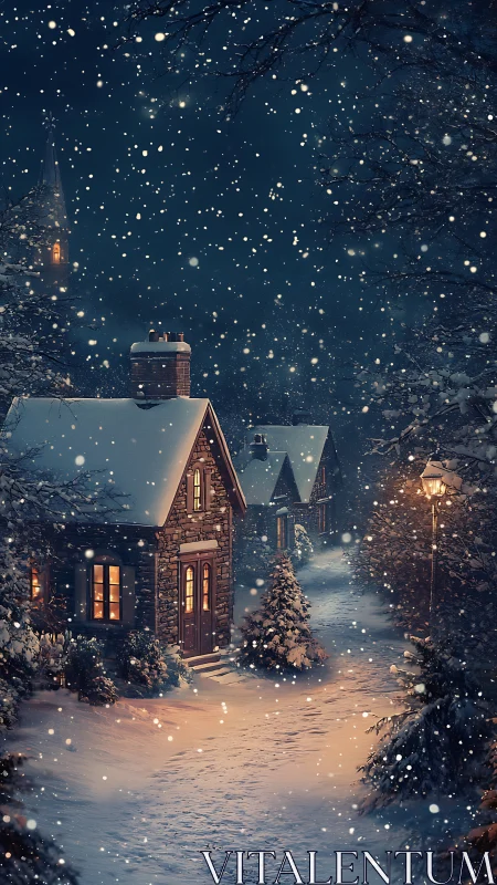 Snowy village cottages with warm lights at winter night.