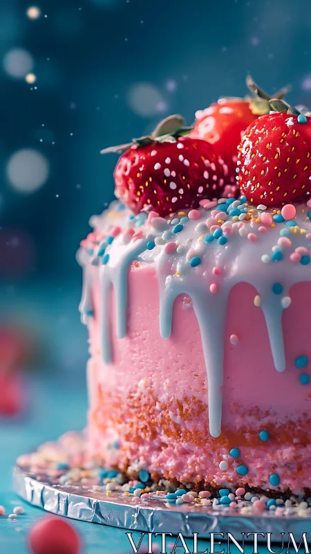 Elaborately Decorated Strawberry Cake on Blue Surface.