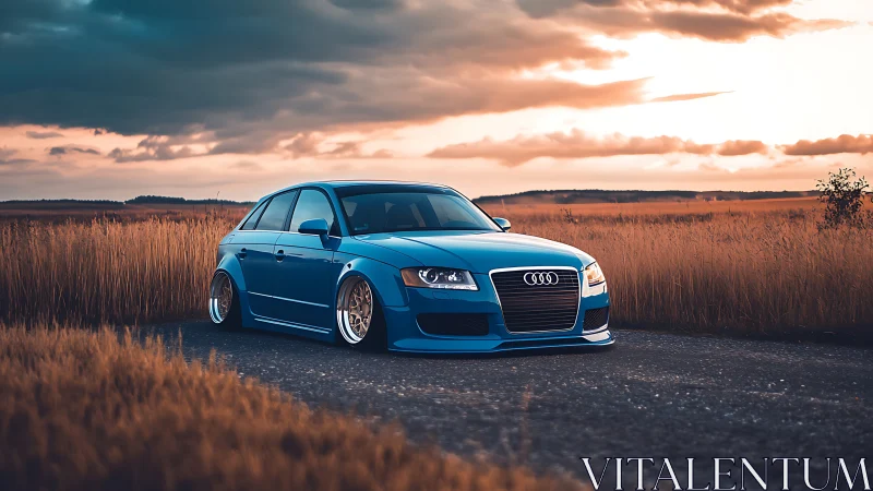 Lowered blue Audi on rural road at sunset horizon glow.