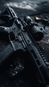 Tactical rifle with optical scope glistens with combat readiness