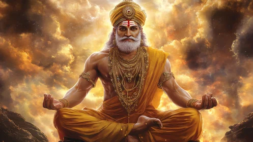 Divine sage in golden meditation amid radiant clouds.