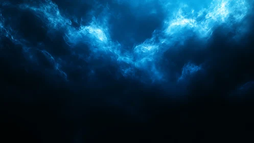 Blue luminous cloudscape in deep dark abstract space.