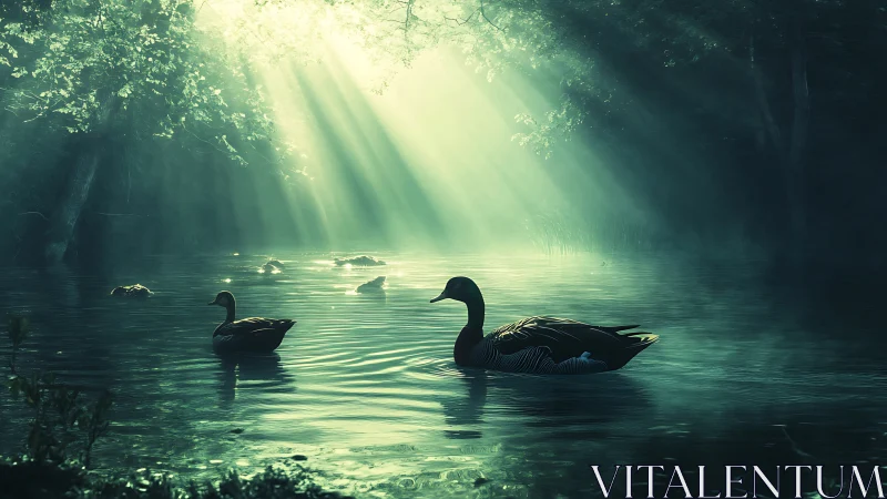 Morning light choreographs a quiet ballet of drifting ducks