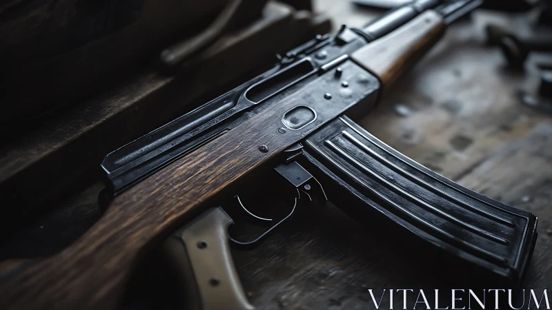 Steel and timber rifle rests in moody workshop silence.